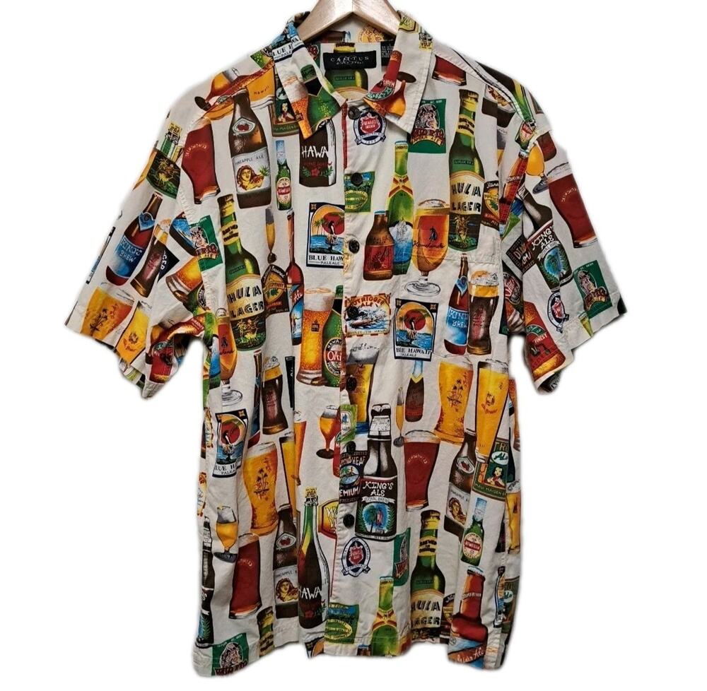 Cactus Black Label Camp Shirt Mens L Hawaiian Aloha Beer Button Front Classic